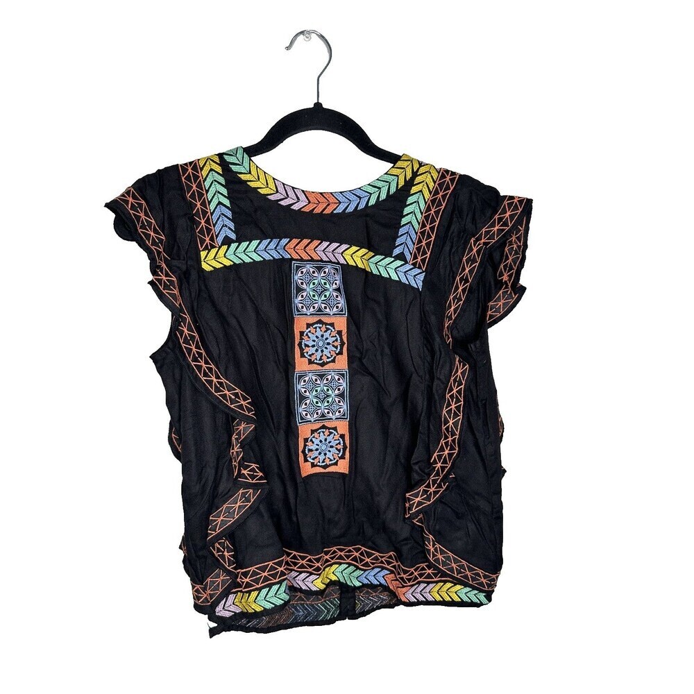 Ban Jara Top Womens Medium Black B2176-GRAPH Embroidered Boho India Tassel Rayon